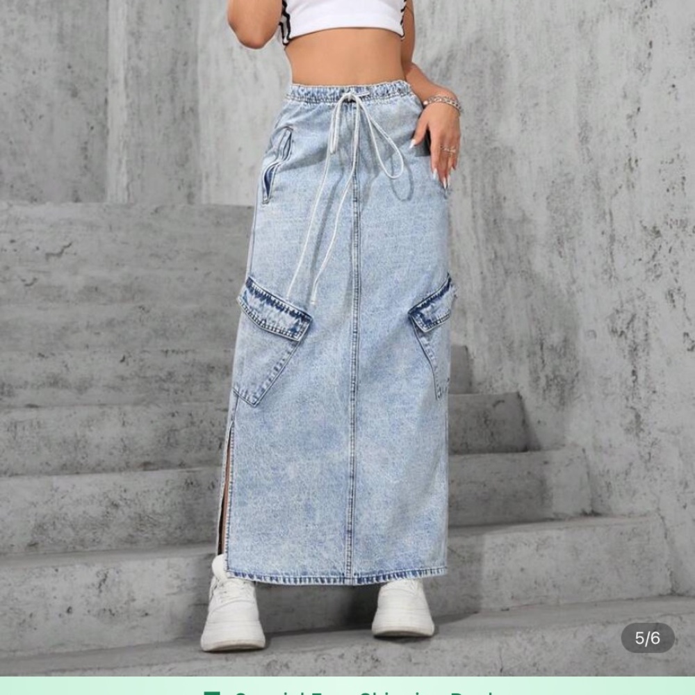 Women's Drawstring Waist Cargo Pocket Maxi Denim Skirt Size Medium (6)